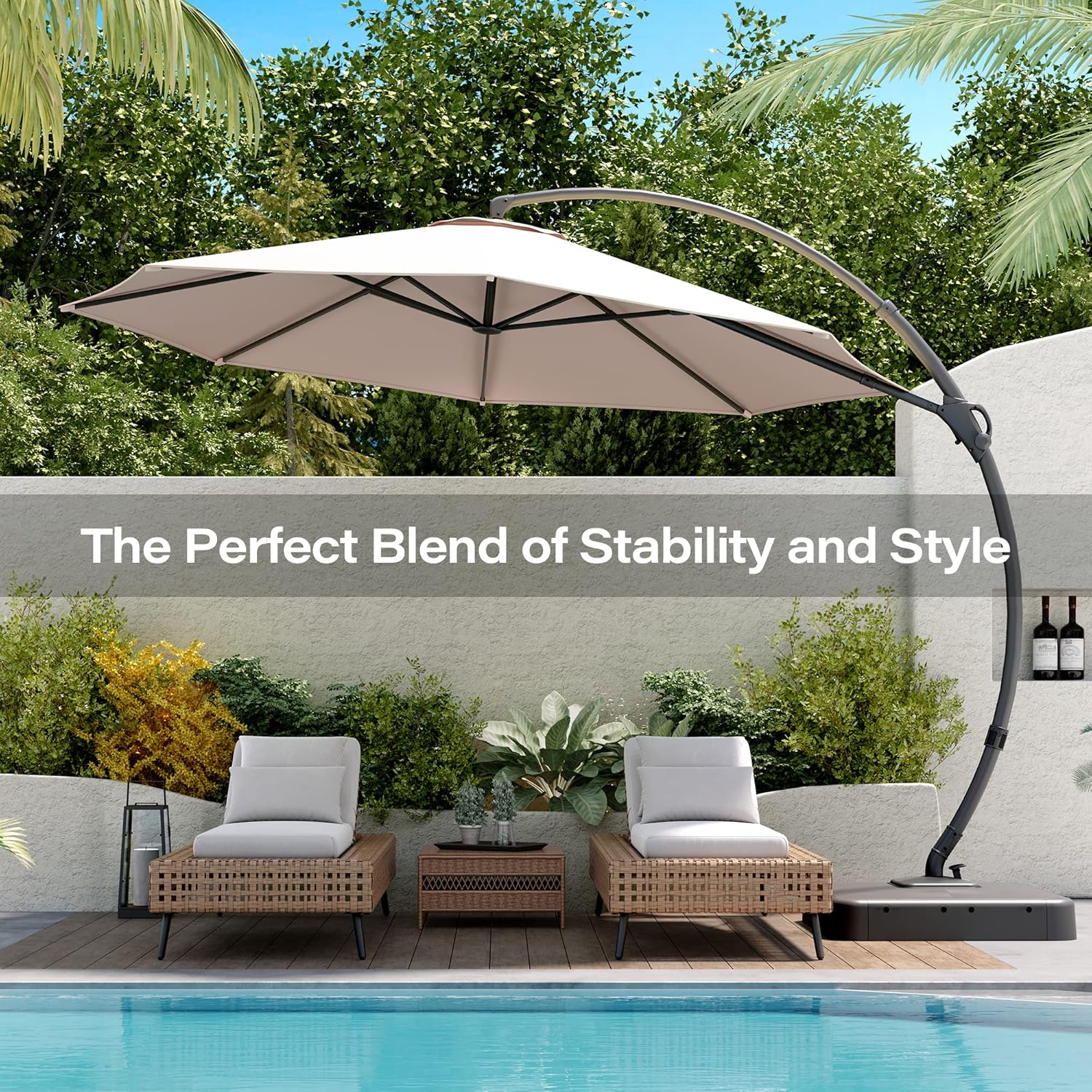LAUSAINT HOME Outdoor Patio Umbrella with Base included, 11 FT Deluxe Curvy Cantilever Umbrella Heavy Duty Offset Hanging Umbrella with 360�� Rotation for Market, Pool, Garden, Backyard, Deck (Beige)