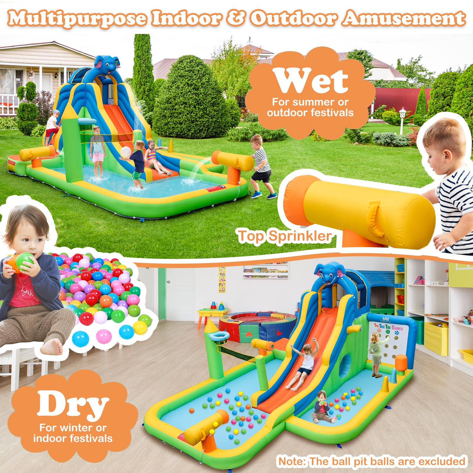 Inflatable Water Slide, 9-in-1 Water Park Jumping Castle W/Ring-toss Game, Volleyball Area, Basketball Hoop