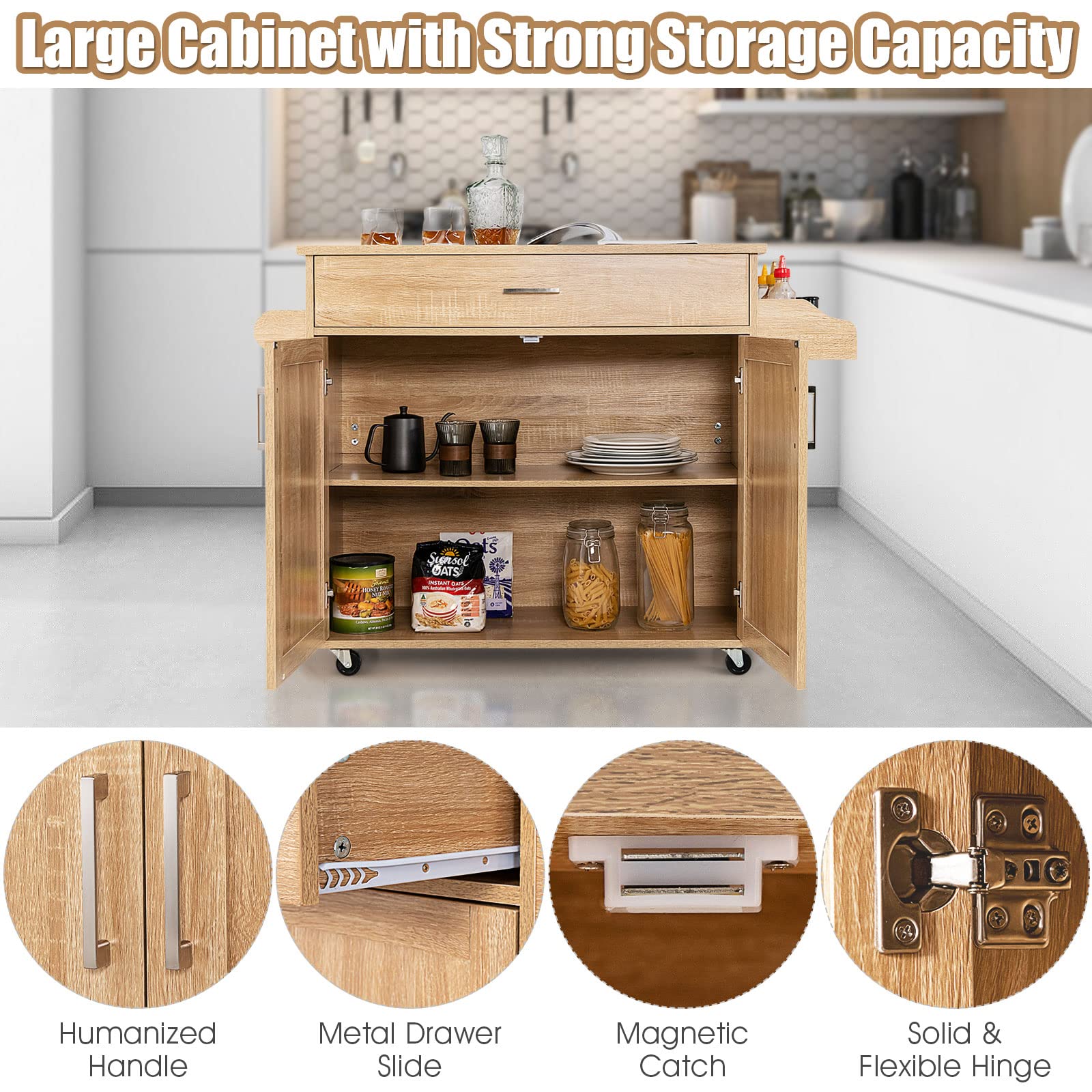 Giantex Wooden Rolling Kitchen Island, Storage Cart Trolley w/ Adjustable Shelf, Spice Storage Sgelf, Towel Rack & Drawer