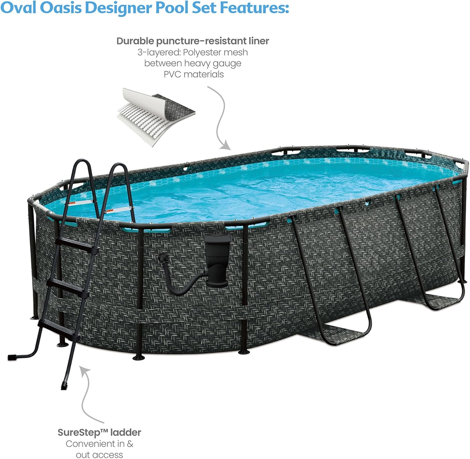 Funsicle 167 by 98 by 39.5 Inches Oasis Designer Oval Frame Outdoor Above Ground Swimming Pool Pool Set with Accessories, Dark Herringbone Gray