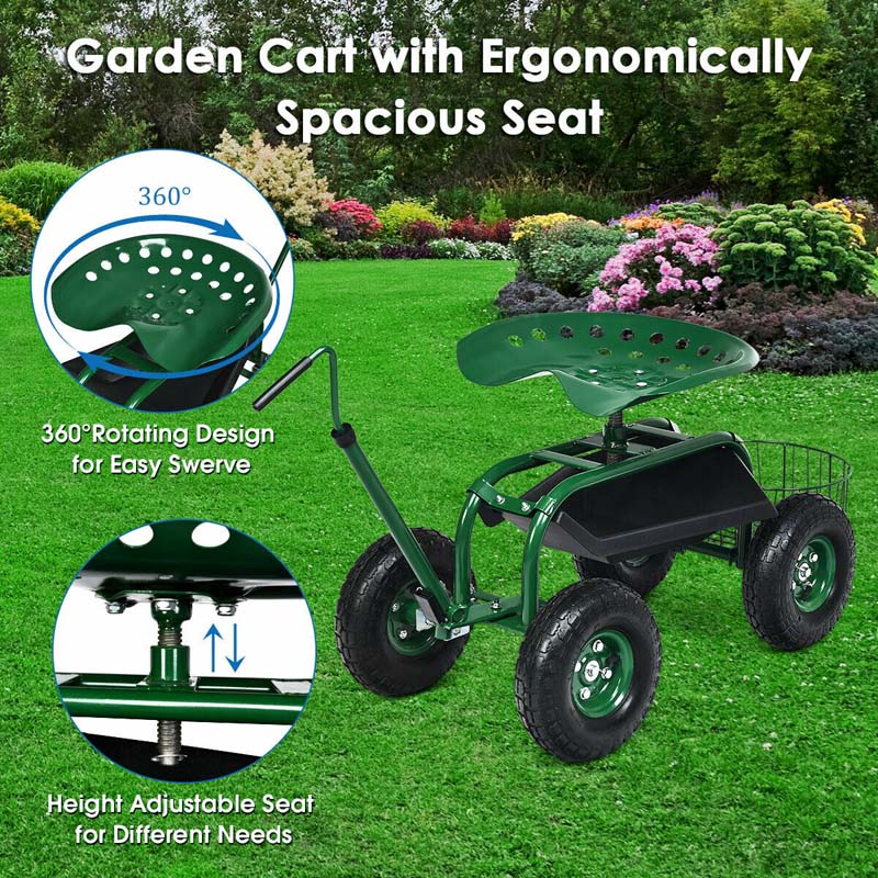 4-Wheel Garden Cart Workseat with Storage Basket & Tool Tray, Heavy Duty Patio Wagon Scooter for Planting