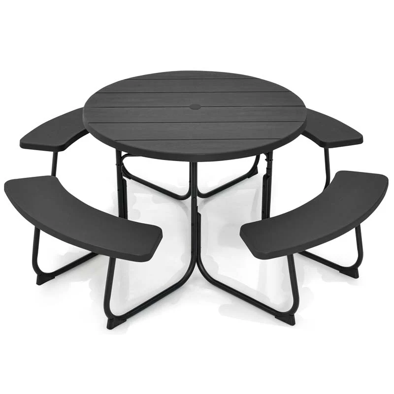 8 Person HDPE Outside Table & Bench Set, Outdoor Round Picnic Table with 4 Built-in Benches, Umbrella Hole, Metal Frame