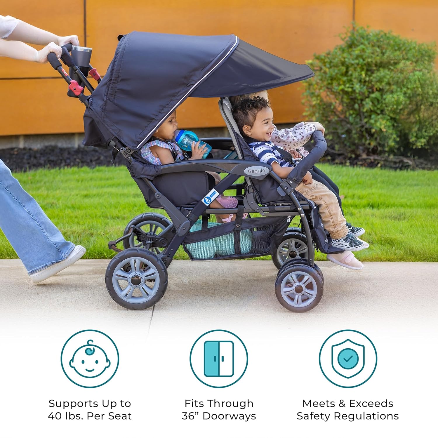 Compass Quad 4 Seat Stroller | 4-Seat Stroller for Daycare | Oversized UV Blocking Canopy | 5-Point Harness | Easy Loading | Storage Bucket | Teal