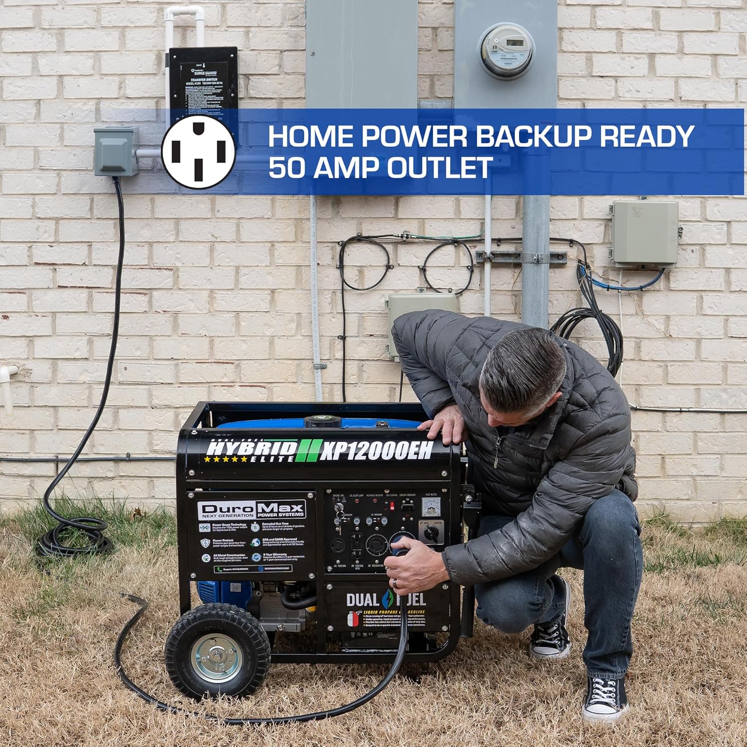 DuroMax XP13000EH 13,000-Watt Dual Fuel Portable Generator - Gas & Propane, Electric Start, Whole Home Backup Power, Transfer Switch Ready, RV & Emergency Ready