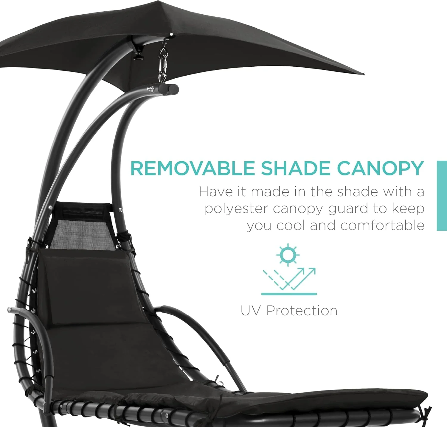 Best Choice Products Outdoor Hanging Curved Steel Chaise Lounge Chair Swing w/Built-in Pillow and Removable Canopy - Charcoal Gray