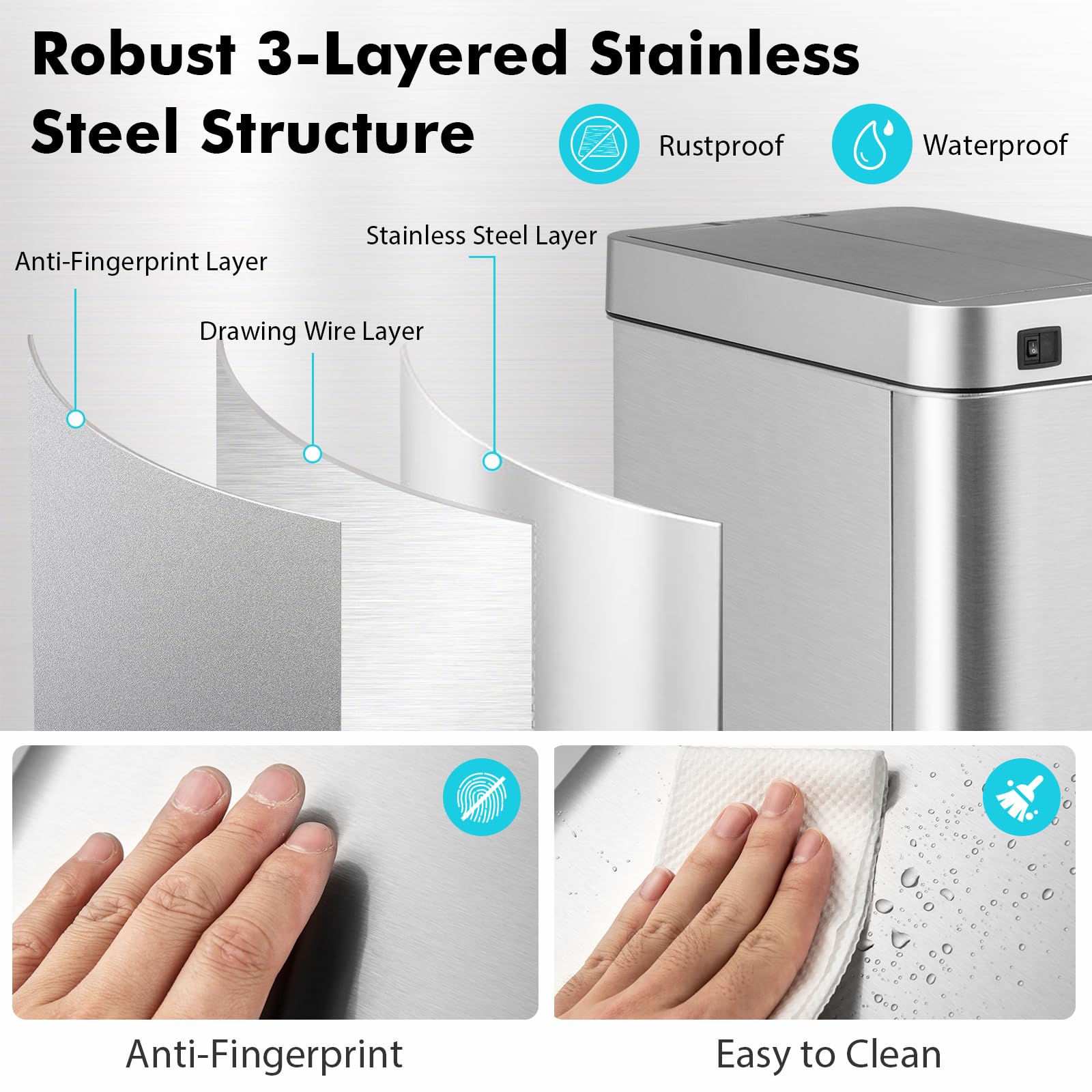 Slim Kitchen Trash Can, 13.2 Gallon Motion Sensor Garbage Bin with Wing Lids, Anti-Fingerprint Touchless Waste Bin