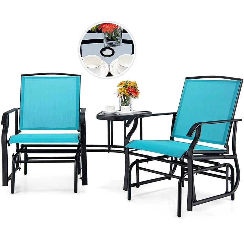 2-Person Double Swing Glider Chair Sling Fabric Porch Rocker with Glass Table & 1.73