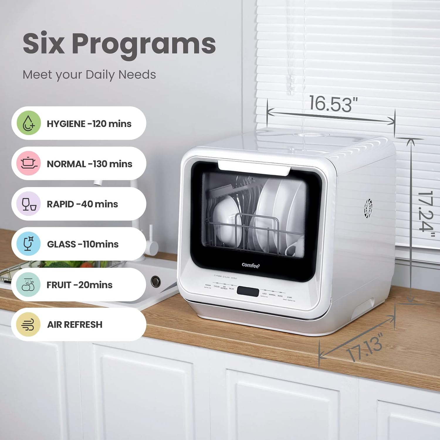 COMFEE' Portable Dishwasher Countertop with 5L Built-in Water Tank, No Hookup Needed, 6 Programs, 360�� Dual Spray, 192??High-Temp& Air-Dry Function, Mini Dishwasher for RVs, White