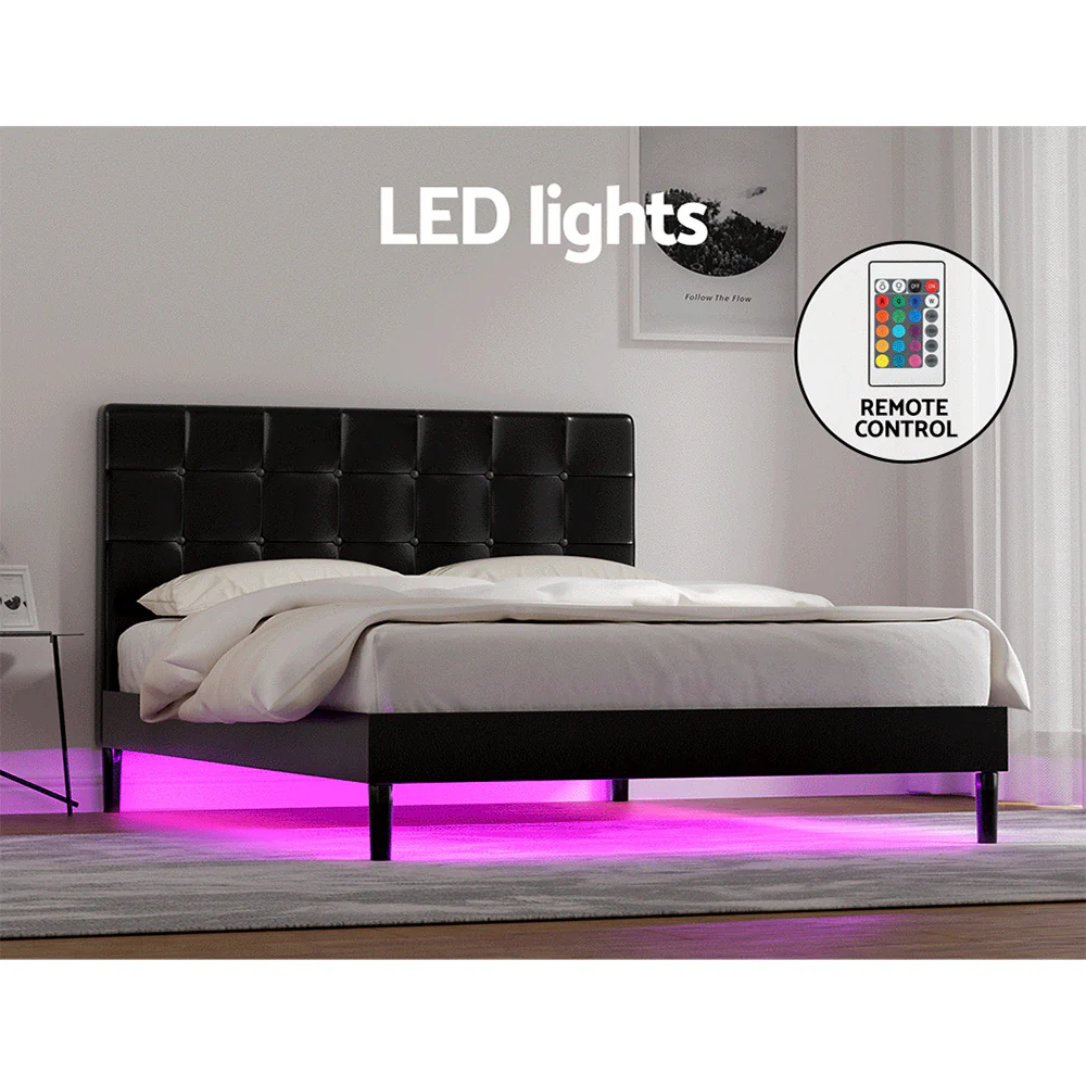 Artiss Bed Frame Double Bed Base w LED Lights Charge Ports Black Leather RAVI