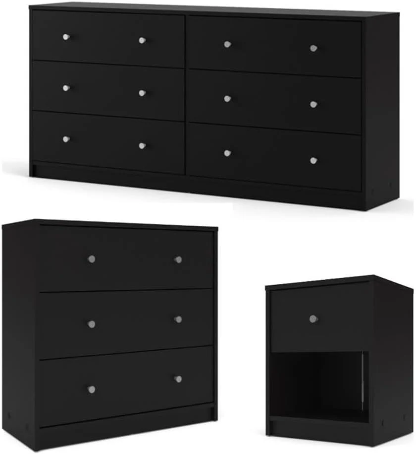 3-Pc Scandinavian Design Engineered Wood Bedroom Furniture Set with 3-Drawer Chest & 6-Drawer Double Dresser & 1-Drawer Nightstand, Pewter Plastic Handles, Smooth Plastic Glides, in Black