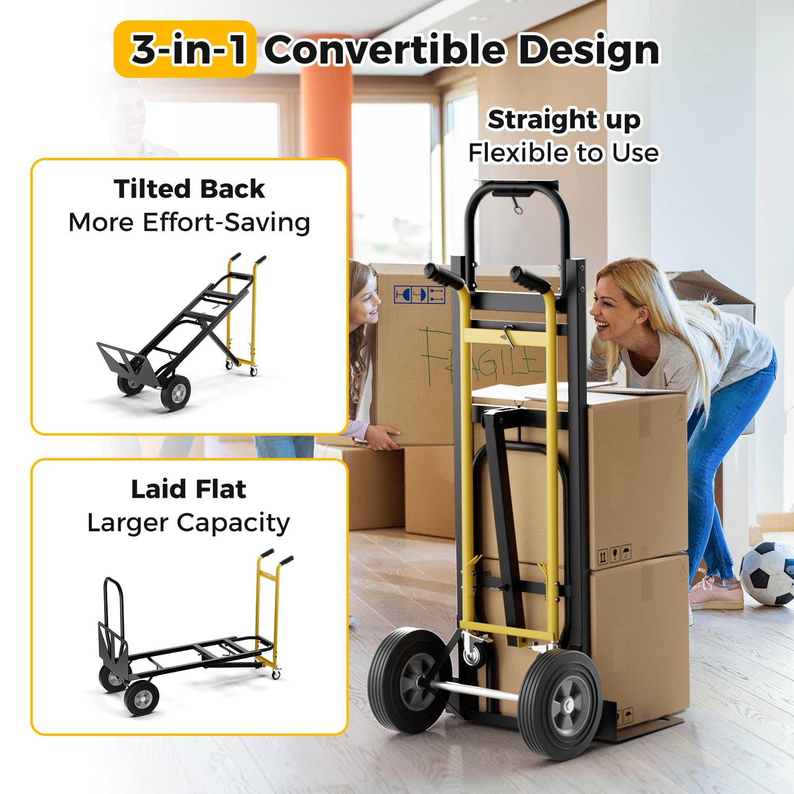 Hand Truck, 3-in-1 Convertible Metal Dolly Cart with 4 Rubber Wheels, 1000 lbs Max Load Capacity