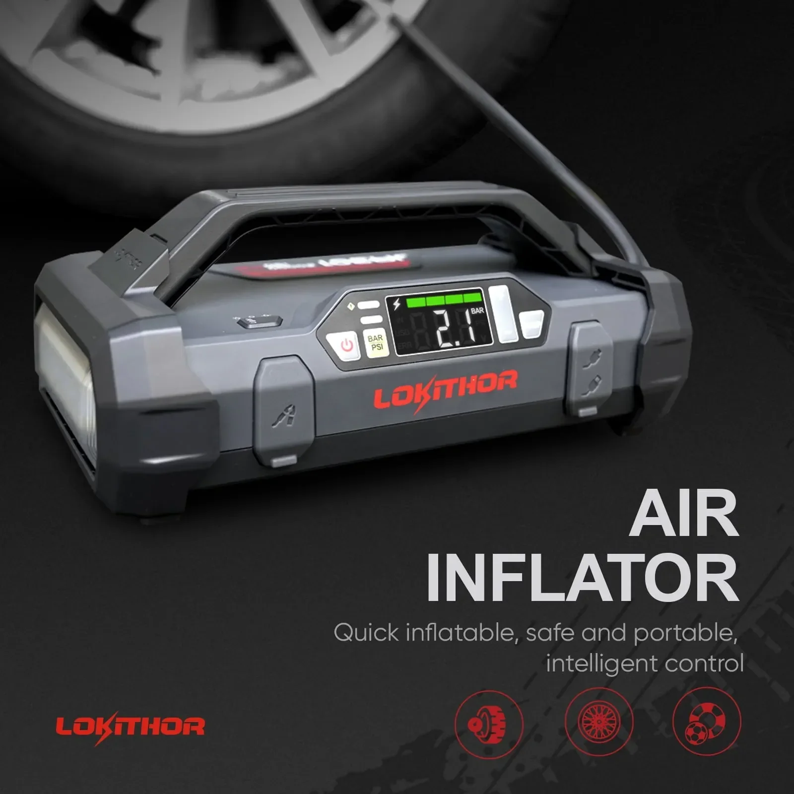 Jump Starter 2000Amp 20000mAh 12V Car Battery Booster Pack for Upto 8L Gas or 6L Diesel, 150 PSI Air Compressor with Damping Technology,Portable Power Bank with Handle Bar and Emergency Light