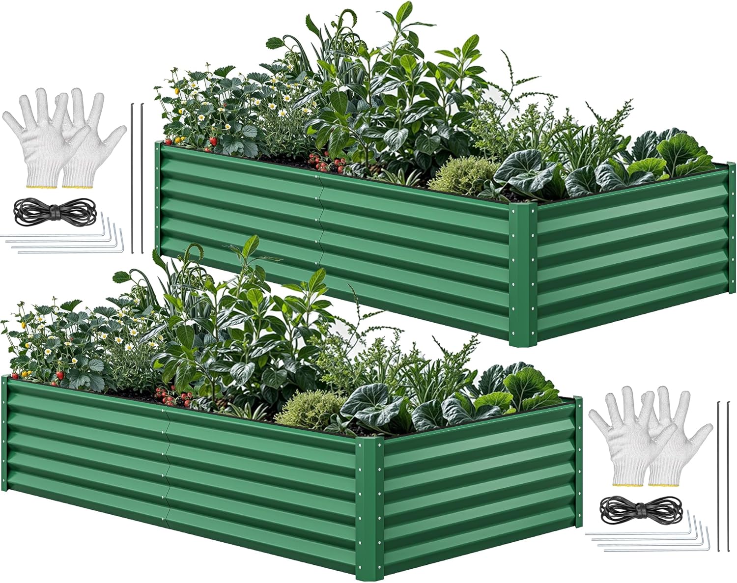 8x4x2ft 2pcs Large Raised Garden Bed Kit, Galvanized Metal Planter Box with Gloves, Ground Nails & Safety Rubber, Outdoor Above Ground Planters for Plants Vegetables Flowers, Green