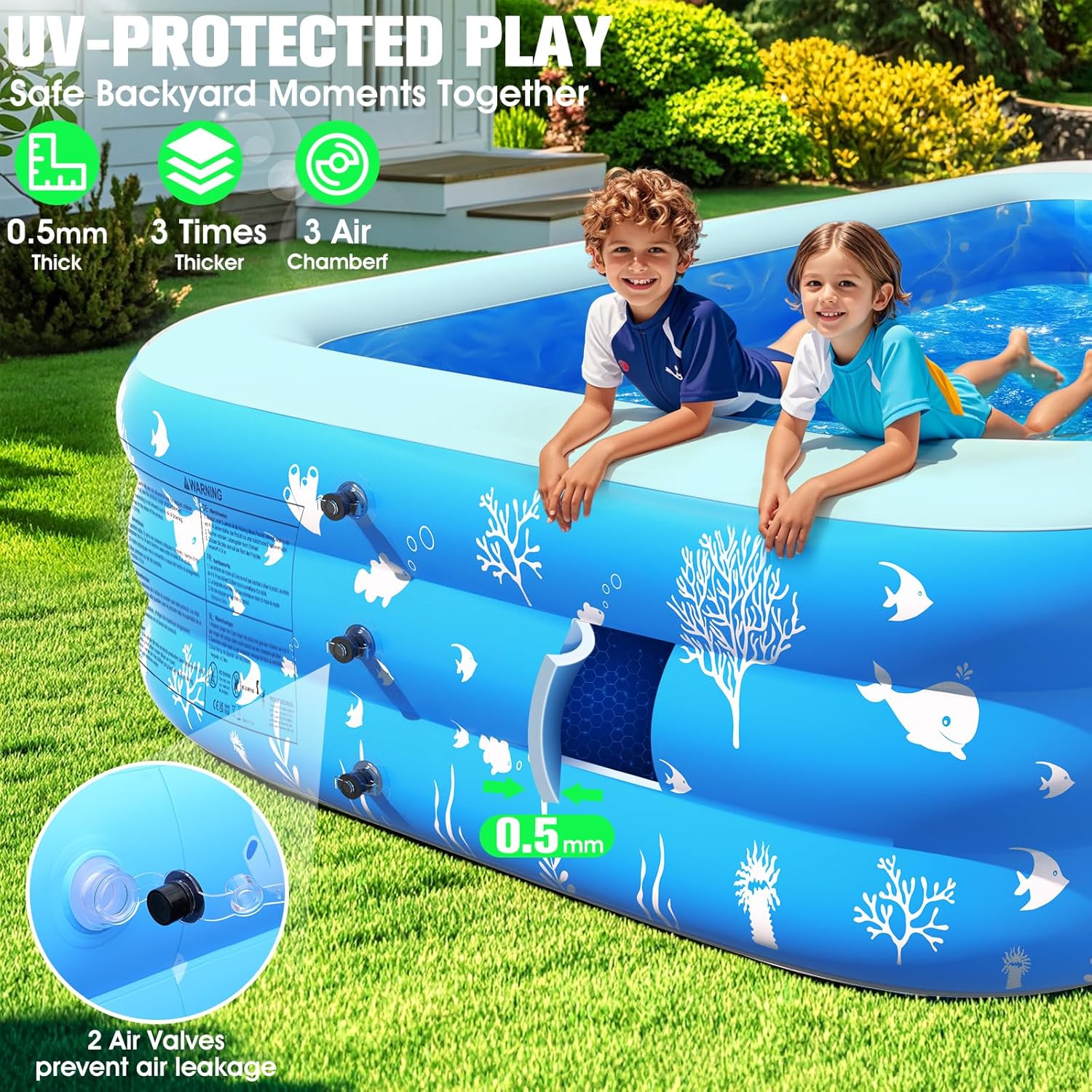 Inflatable Pool with Seat and Pool Lights, Durable Thickened Large Size Family Inflatable Pools for Adults Blow Up Pools,105