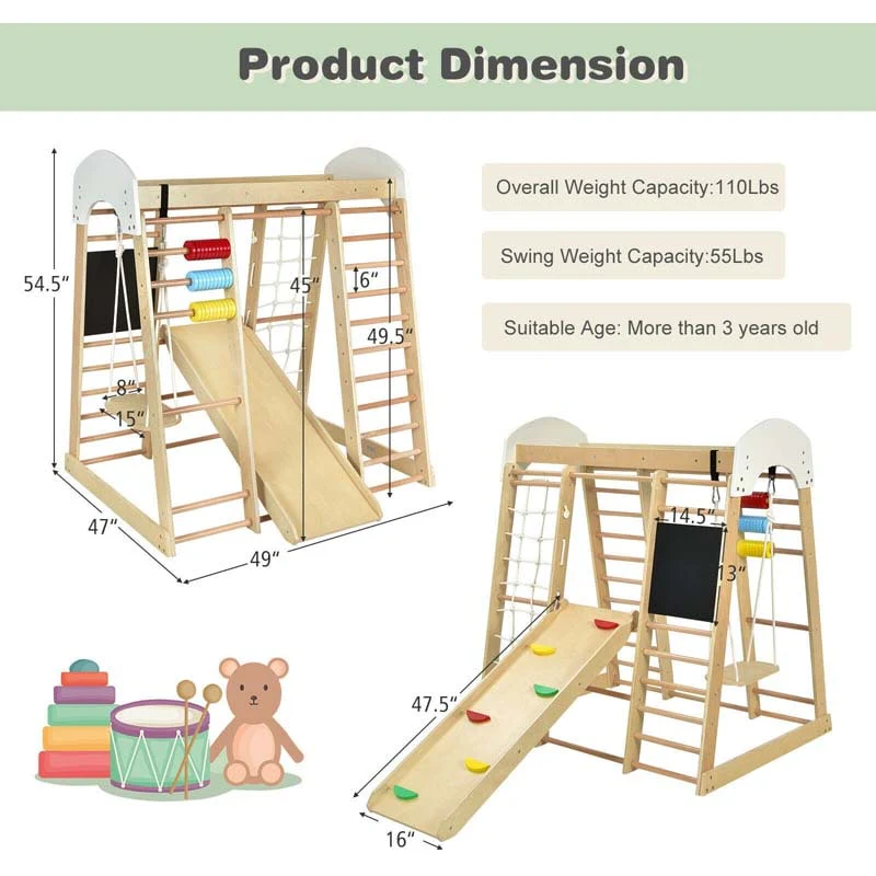 8-in-1 Wooden Climbing Toys for Toddlers, Kids Indoor Playground Jungle Gym Climber Playset with Slide