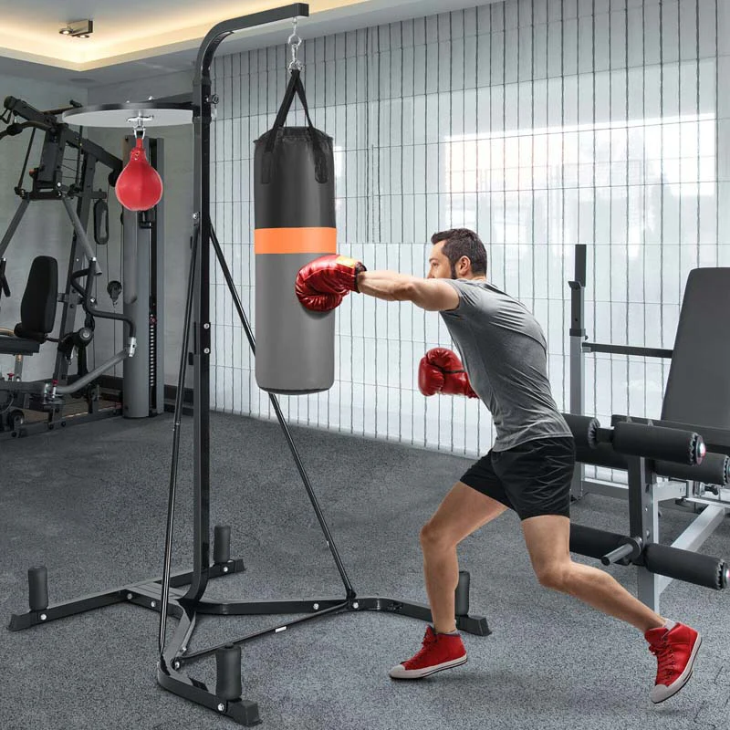 2-in-1 Height Adjustable Boxing Stand with Filled Punching Bag & Speed Ball, Heavy Duty Free Standing Boxing Station for Home Gym