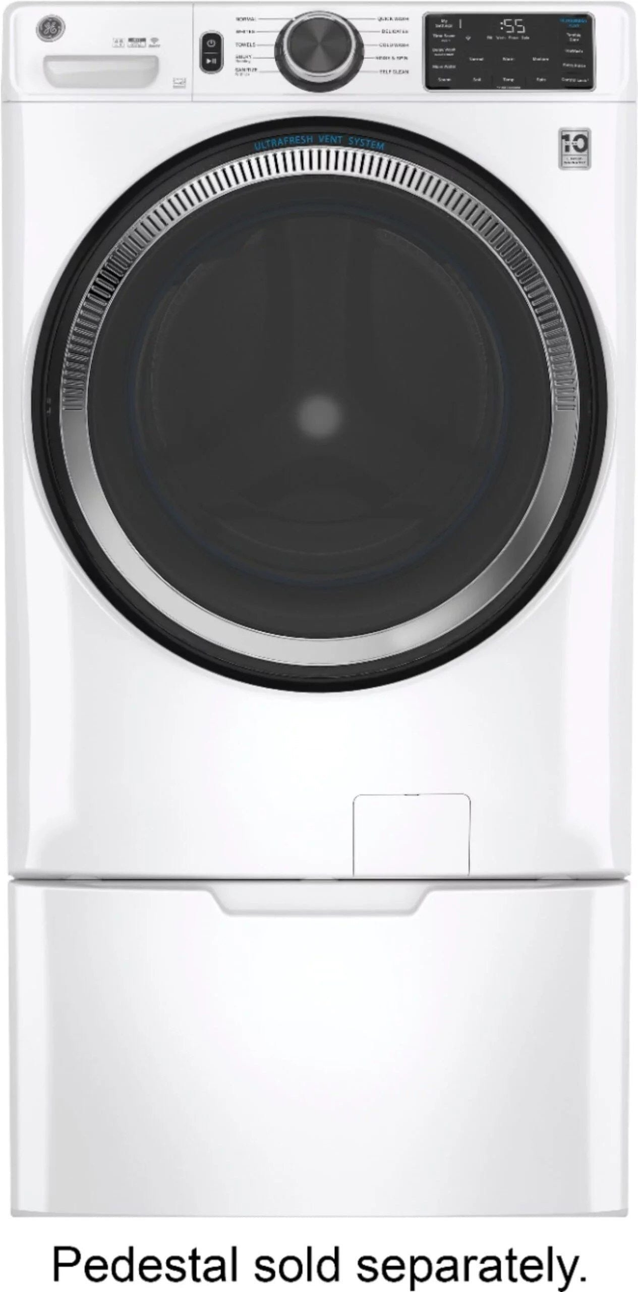 GE �C 4.8 CuFt High-Efficiency Stackable Smart Front Load Washer w/UltraFresh Vent System & Microban Antimicrobial Technology �C White on white