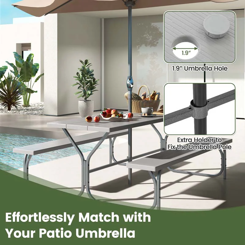 6 FT 8-Person Outdoor Large Picnic Table Bench Set with Umbrella Hole, Metal Frame, All-Weather HDPE Tabletop