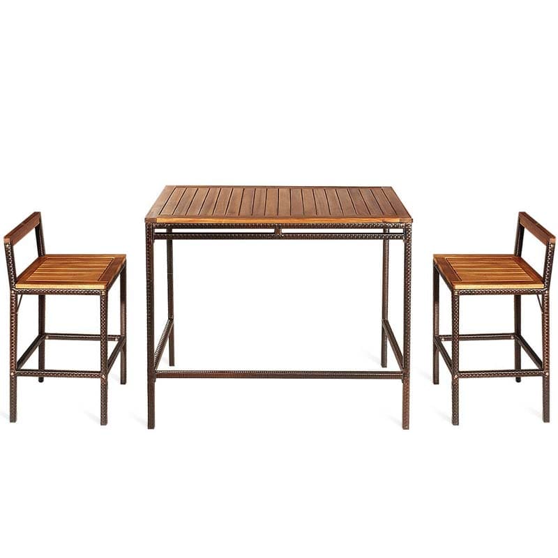3 Pcs Rattan Wicker Patio Bar Set Dining Table Set Counter Height Bistro Set with Acacia Wood Tabletop & 2 Bar Stools