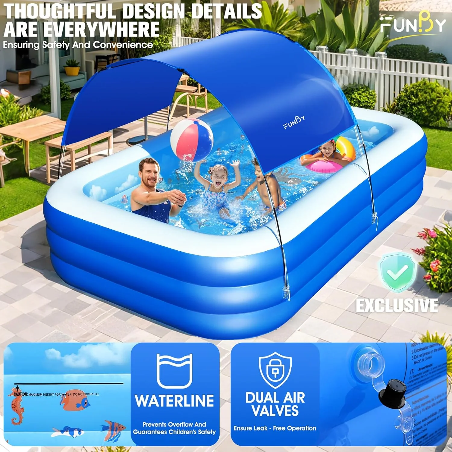 Inflatable Pool with Canopy,Upgraded Inflatable Swimming Pool for Kids,Adult,Large Inflatable Blow up Pools,Ocean Theme Oversized Thickened 105