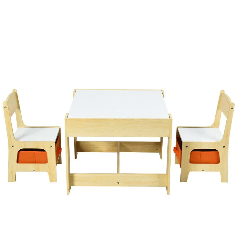 3-in-1 Kids Wood Table Chairs Set with Blackboard & Storage Drawers, Children Multi Activity Table for Learning Playing Drawing
