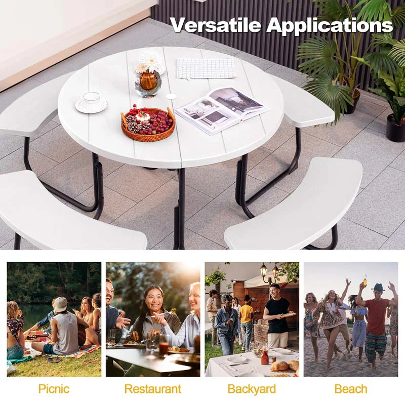 8 Person HDPE Outside Table & Bench Set, Outdoor Round Picnic Table with 4 Built-in Benches, Umbrella Hole, Metal Frame