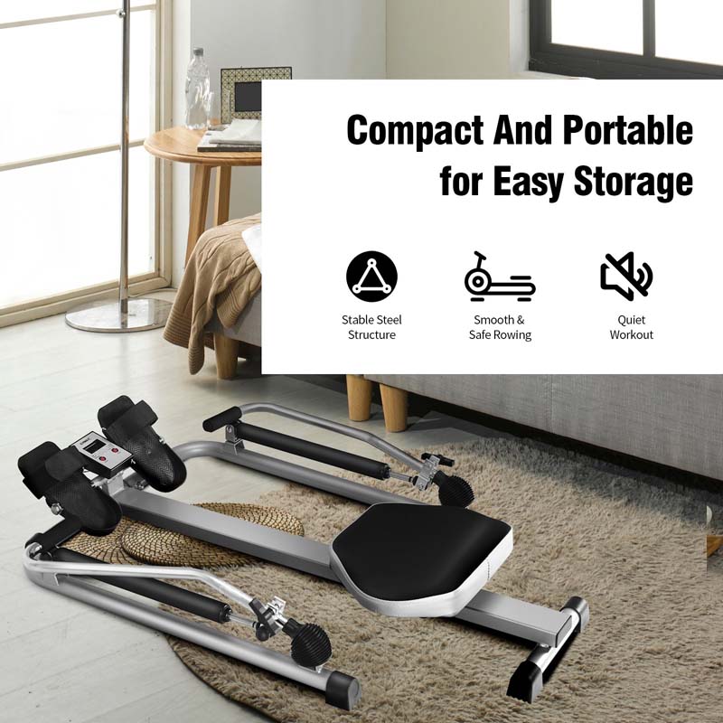 Full Motion Hydraulic Rowing Machine for Cardio Exercise, Folding Rower with LCD Monitor, Adjustable Resistance