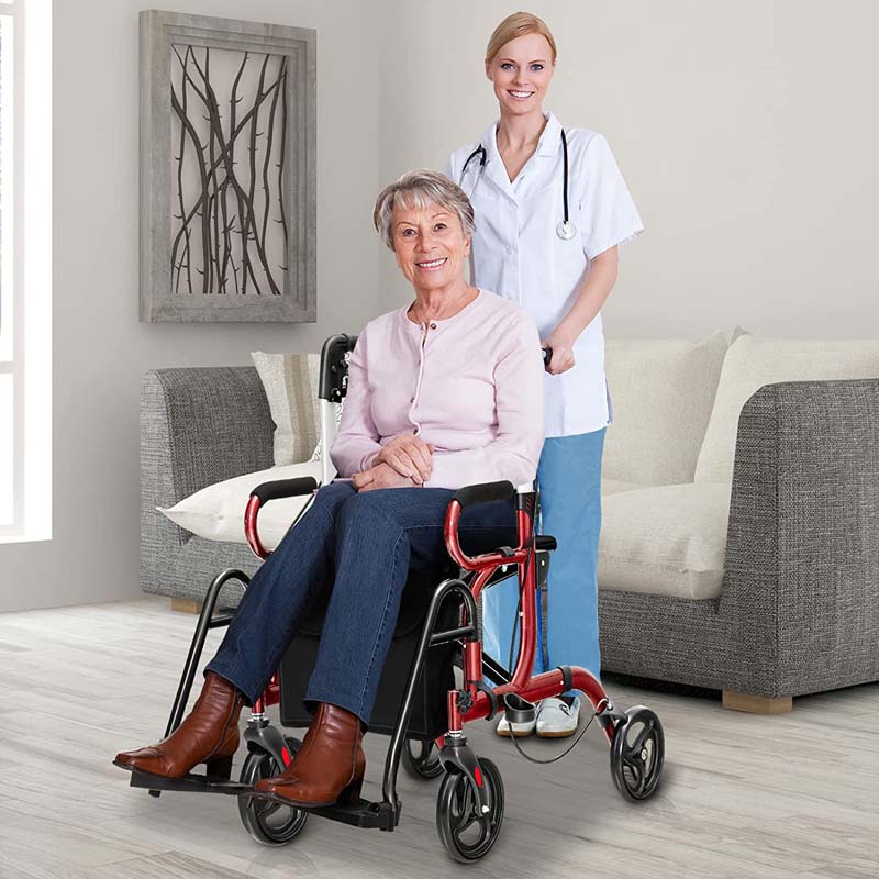 2 in 1 Folding Rollator Walker with Seat & Bag, Aluminum Medical Walker Rolling Transport Chair Mobility Walking Aid