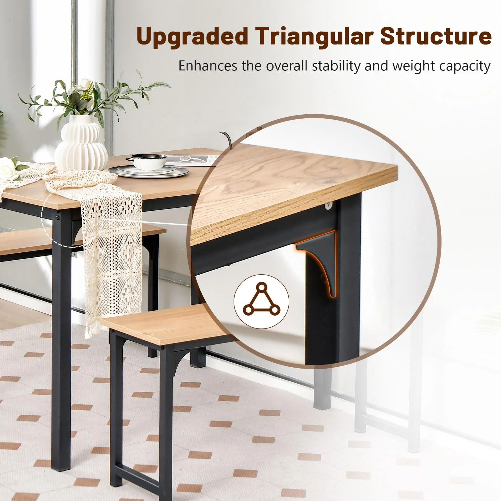 Giantex Dining Table Set for 4, 3 PCS Farmhouse Kitchen & Dining Room Furniture Kit with 2 Benches