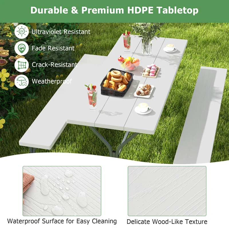 6 FT 8-Person Outdoor Large Picnic Table Bench Set with Umbrella Hole, Metal Frame, All-Weather HDPE Tabletop