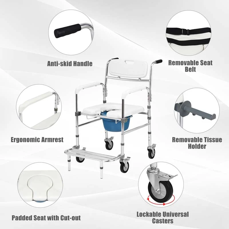 4 in 1 Bedside Commode Chair Transport Shower Wheelchair Toilet Chair with Folding Pedal