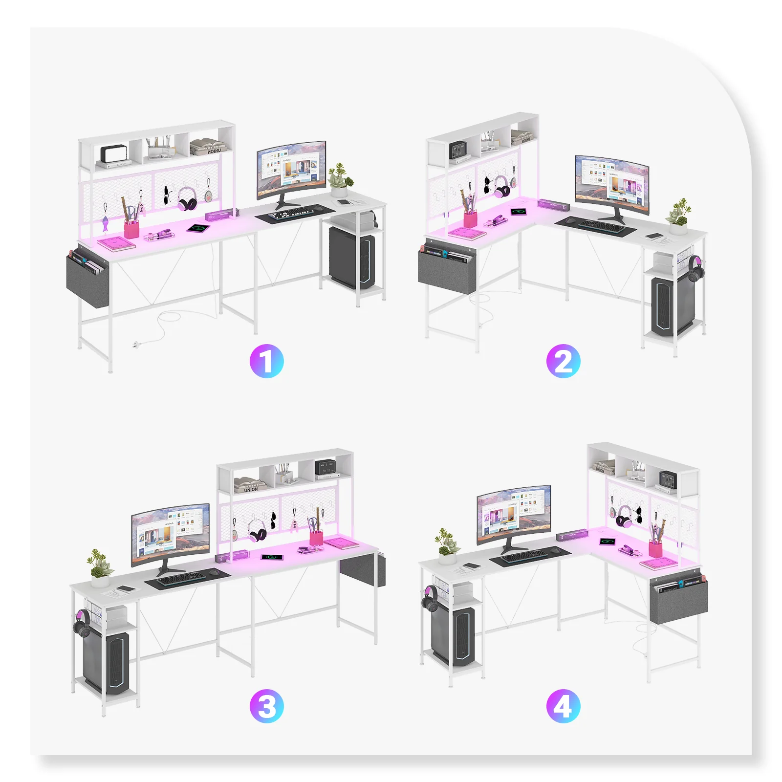 L Shaped Gaming Desk with LED Lights &  Storage Shelf