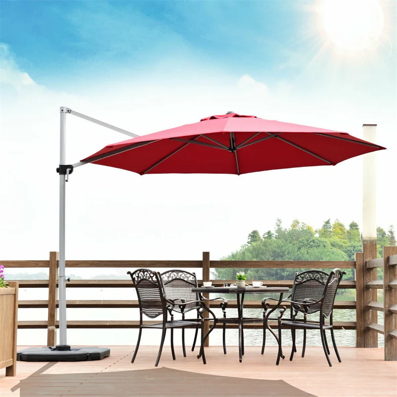 11 FT Patio Offset Cantilever Umbrella 360�� Rotation Tilt with Cross Base & Crank Handle
