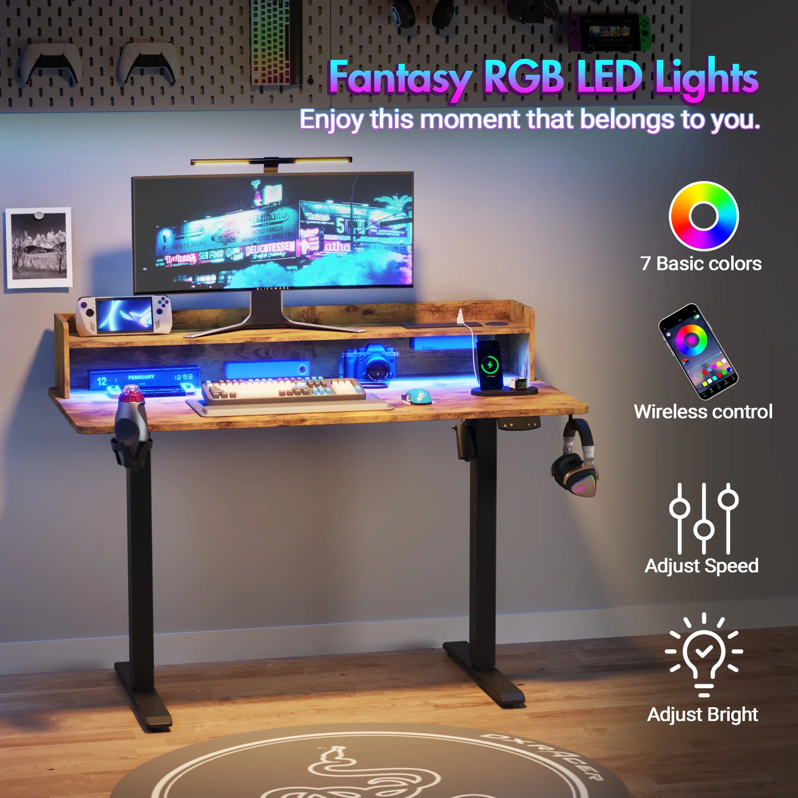 LED RGB Light Electric Standing Desk Brown