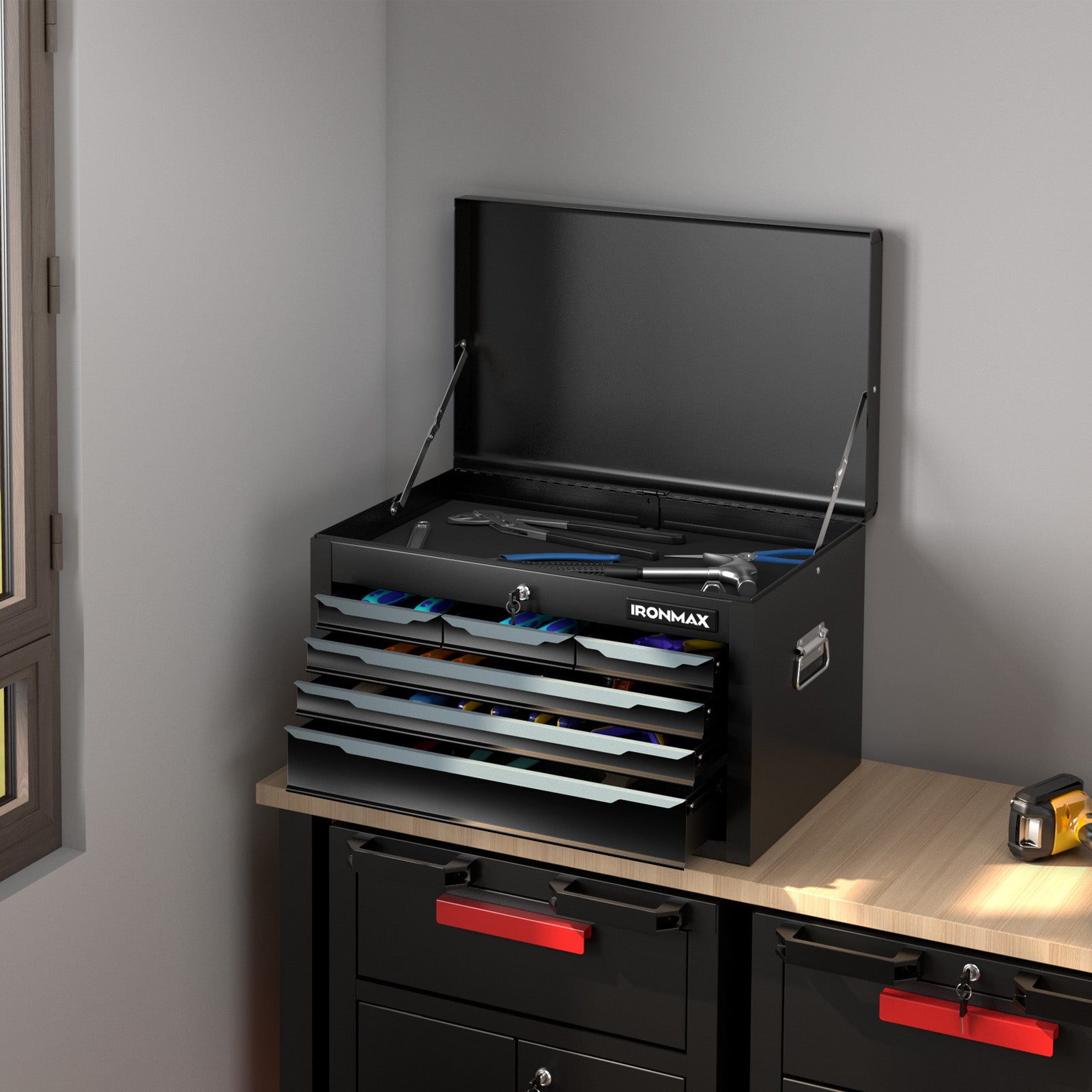 Steel Tool Box, 24�� Tool Chest Case with 6 Drawers, Top Storage, Automatic Lock