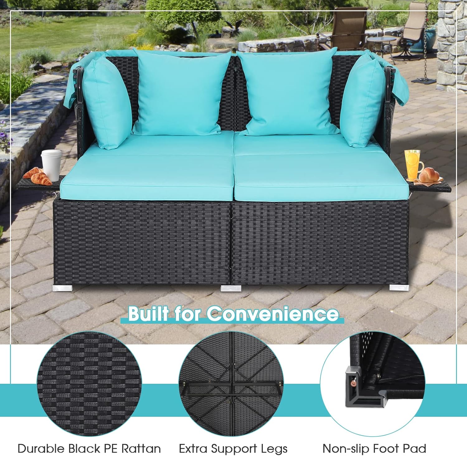 RELAX4LIFE Patio Outdoor Daybed with Canopy, Wicker Sunbed w/Cushions, 4 Pillows & 2 Retractable Side Trays, 2-Person Lounge Bed Conversation for Poolside Porch Garden, Rattan Outdoor Bed (Turquoise)