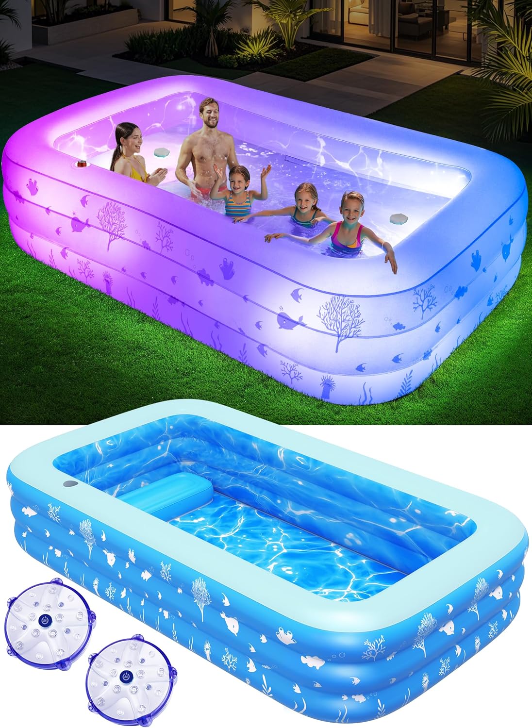 Inflatable Pool with Seat and Pool Lights, Durable Thickened Large Size Family Inflatable Pools for Adults Blow Up Pools,105