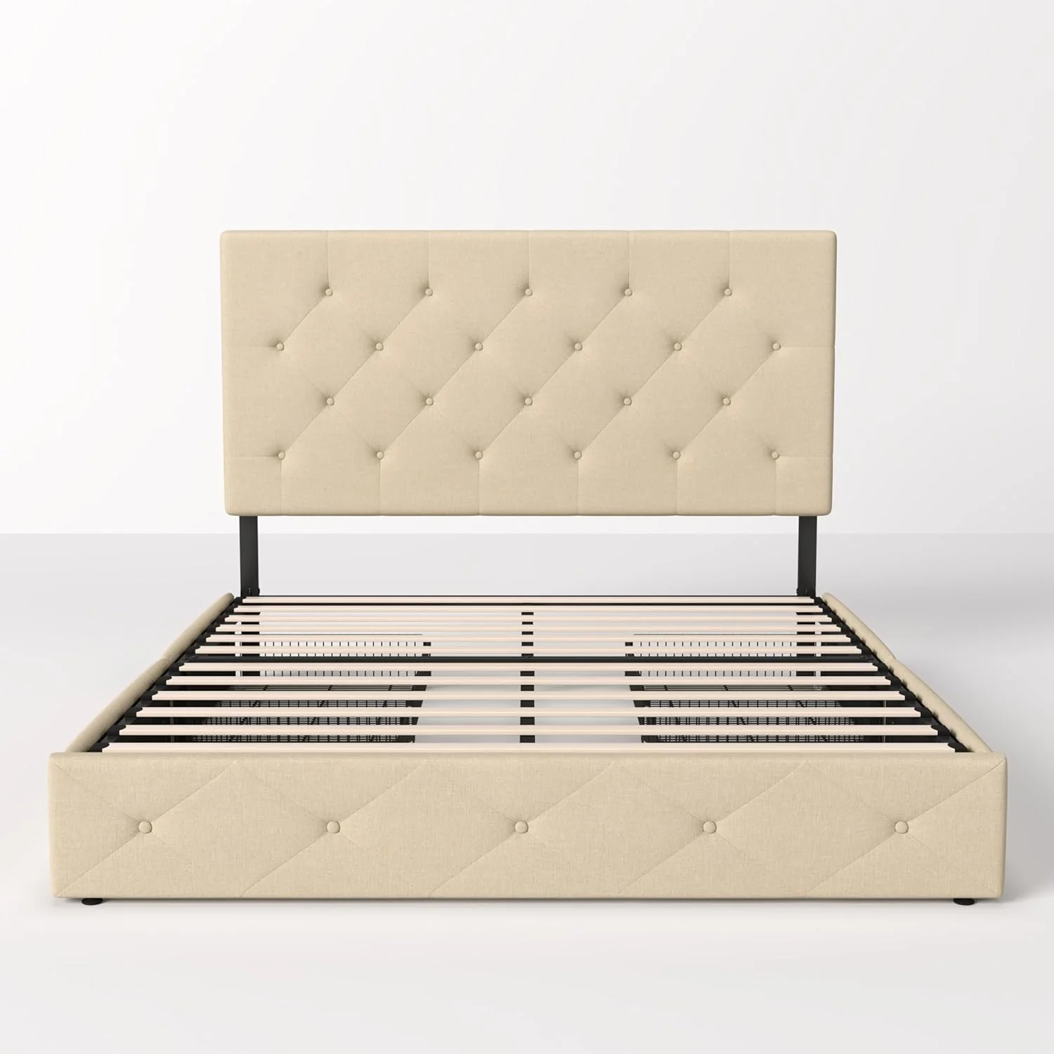 Allewie Upholstered Queen Size Platform Bed Frame with 4 Storage Drawers and Headboard, Square Stitched Button Tufted, Mattress Foundation with Wooden Slats Support, No Box Spring Needed, Light Grey