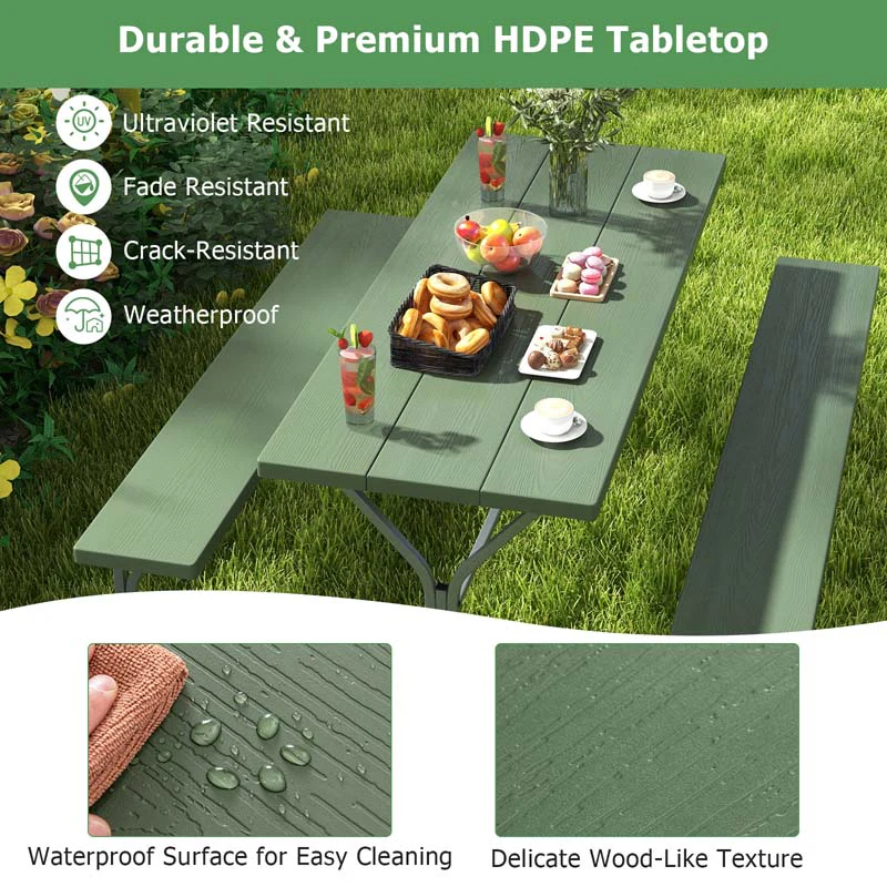 6 FT 8-Person Outdoor Large Picnic Table Bench Set with Umbrella Hole, Metal Frame, All-Weather HDPE Tabletop