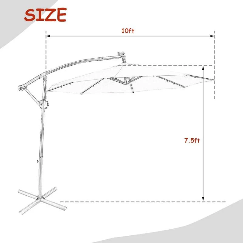 10 FT Patio Offset Umbrella with Solar Lights 360�� Rotation Outdoor Market Umbrella with Crank Handle & Cross Base