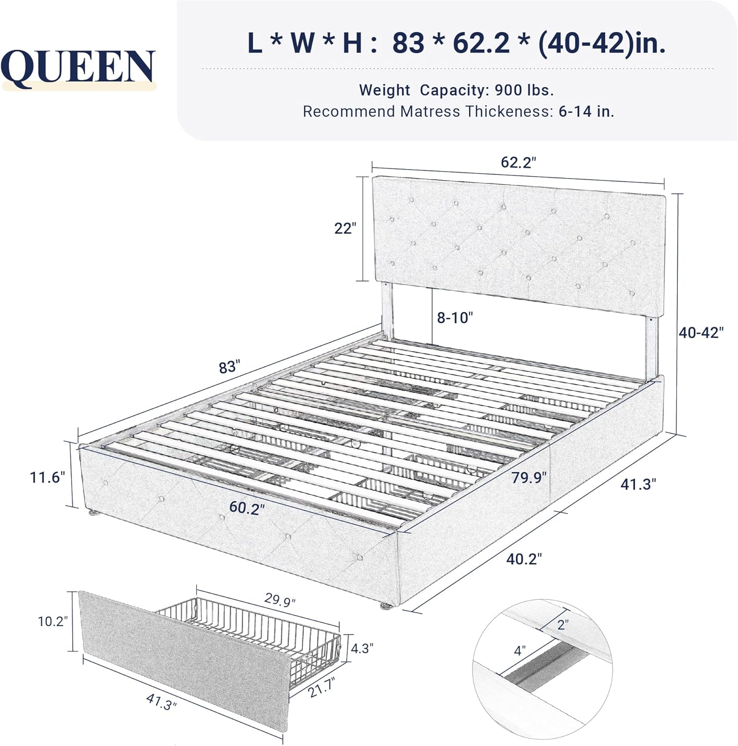 Allewie Upholstered Queen Size Platform Bed Frame with 4 Storage Drawers and Headboard, Square Stitched Button Tufted, Mattress Foundation with Wooden Slats Support, No Box Spring Needed, Light Grey