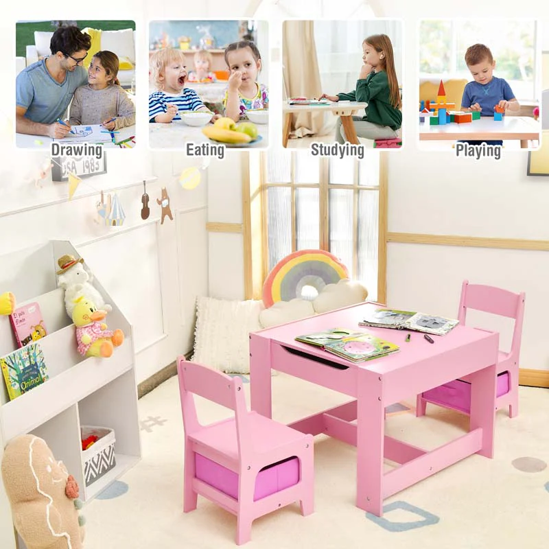 3-in-1 Kids Wood Table Chairs Set with Blackboard & Storage Drawers, Children Multi Activity Table for Learning Playing Drawing