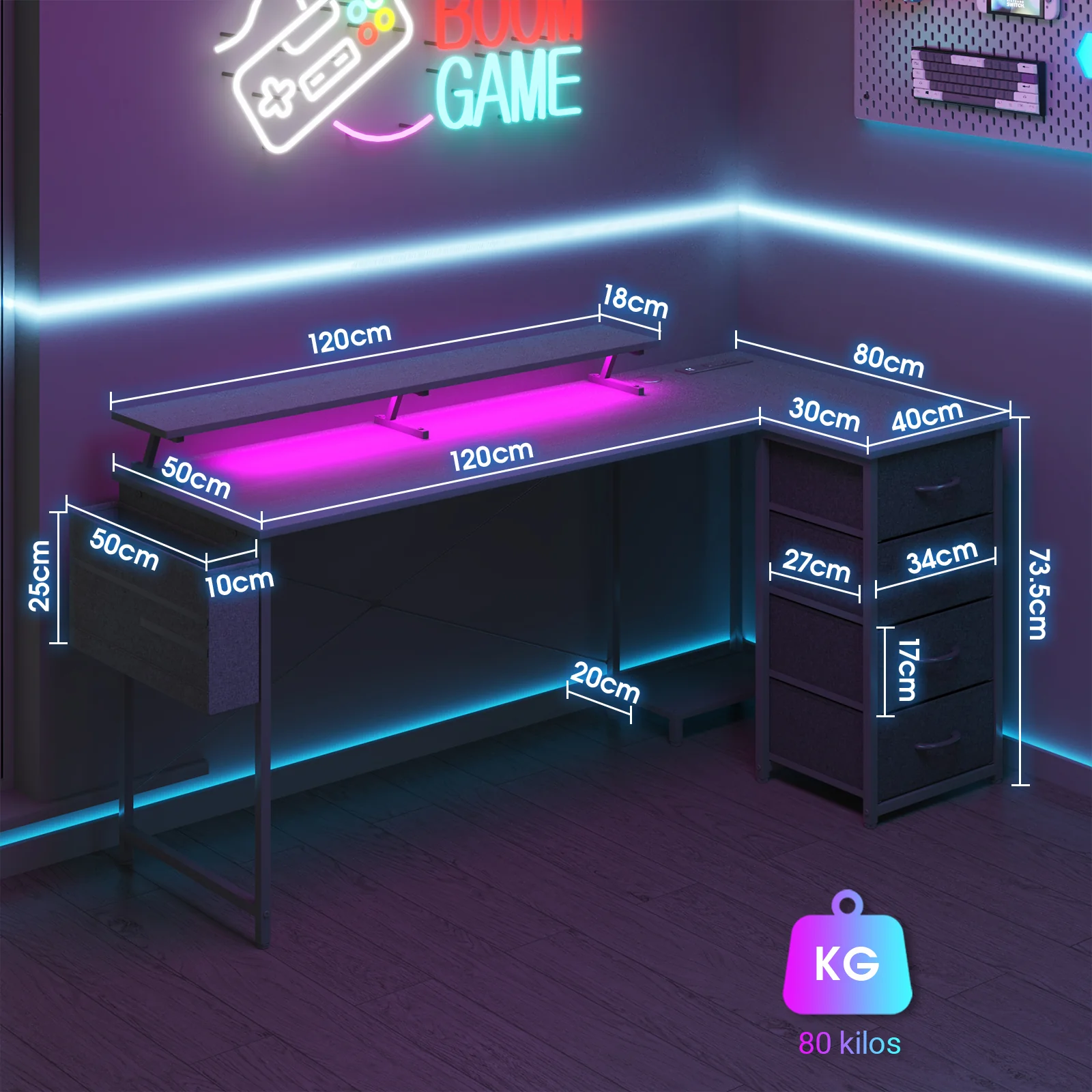 L Shaped Gaming Desk with LED Lights Black