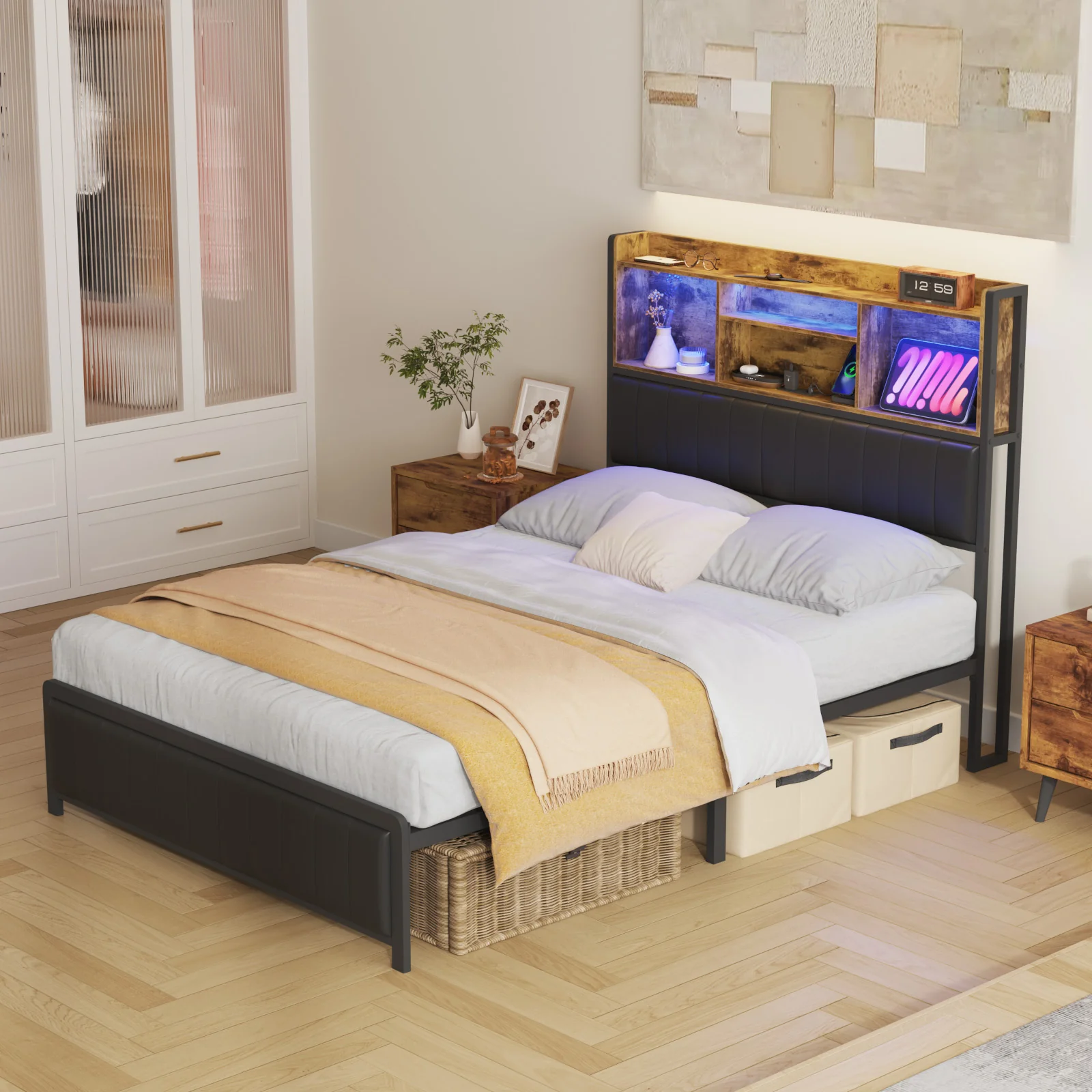 Bed Frame with Charging Station & LED Storage Shelf