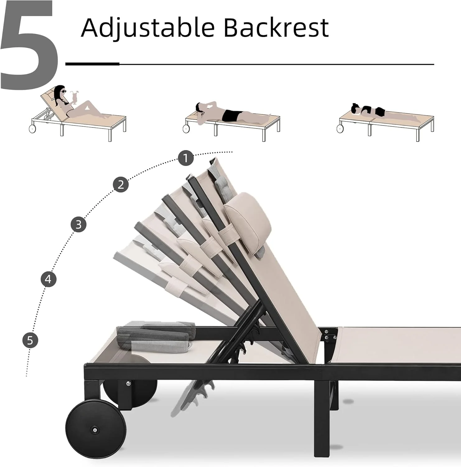 PURPLE LEAF Patio Tanning Lounge Chair Set with Face Down Hole Outdoor Aluminum Adjustable Reclining Chairs Wheels Pillows and Table for Poolside Beach Sunbathing Lounger, Beige