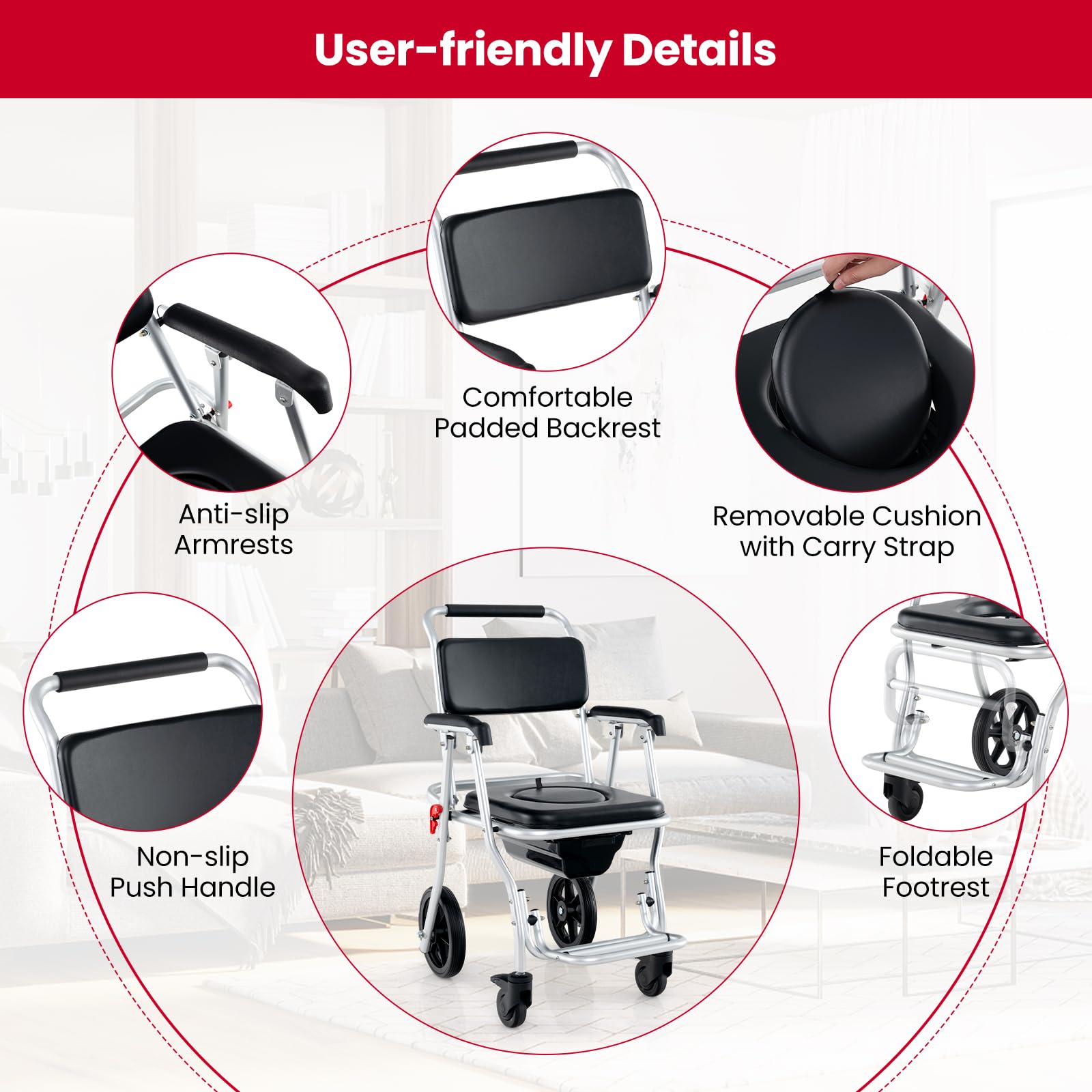 4 in 1 Shower Commode Wheelchair, 330lbs Foldable Bedside Commode Chair for Toilet with Arms