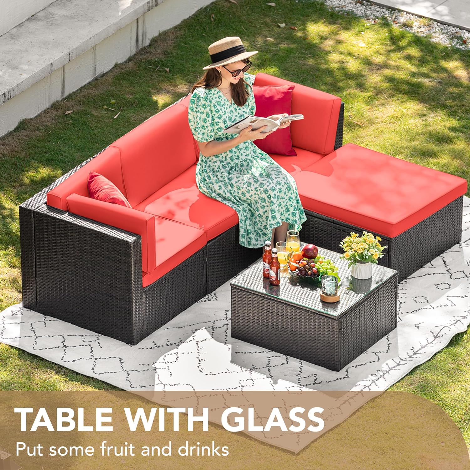 Devoko 5 Pieces Patio Furniture Sets All Weather Outdoor Sectional Patio Sofa Manual Weaving Wicker Rattan Patio Seating Sofas with Cushion and Glass Table(Beige)