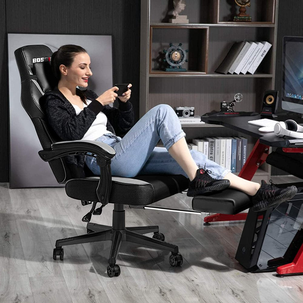 BOSSIN Ergonomic Gaming Chair with Footrest, Headrest & Lumbar Support, Reclines 90-155??, PU Leather, 300 lbs Capacity