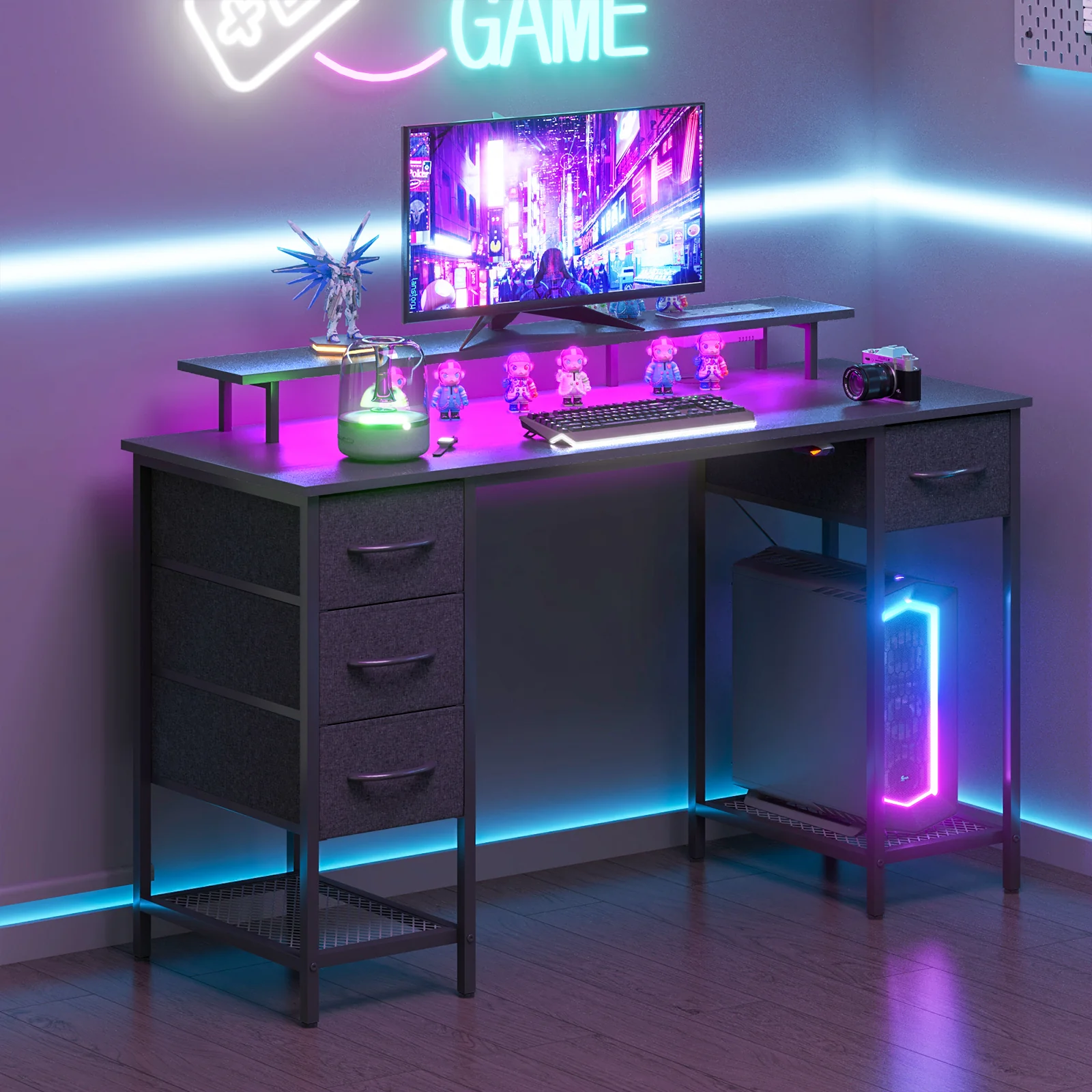 Gaming Desk with LED Lights with Monitor Stand 137cm