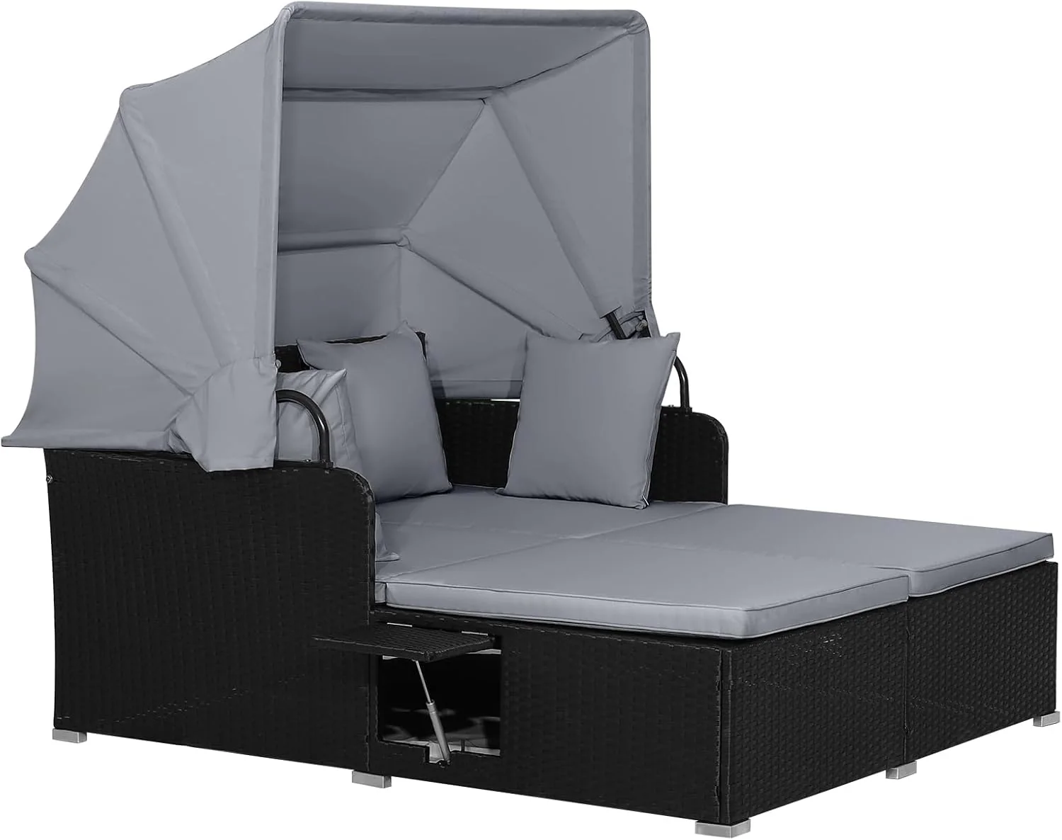 RELAX4LIFE Patio Outdoor Daybed with Canopy, Wicker Sunbed w/Cushions, 4 Pillows & 2 Retractable Side Trays, 2-Person Lounge Bed Conversation for Poolside Porch Garden, Rattan Outdoor Bed (Turquoise)